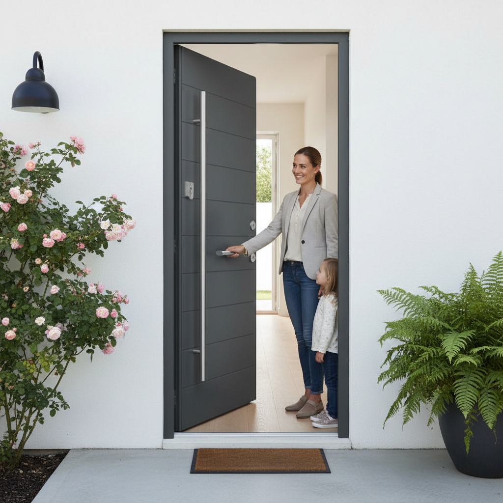 Premium Grey Hardwood External Door with Frame and Long Pull Bar Handle for Modern Entryways