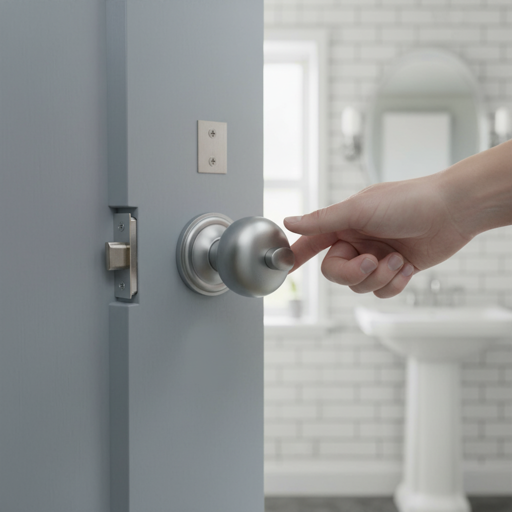 Satin Chrome Mushroom Mortice Bathroom Door Knob Set with Ball Bearing Hinges and Secure Lock for Modern Bathrooms - Image 2