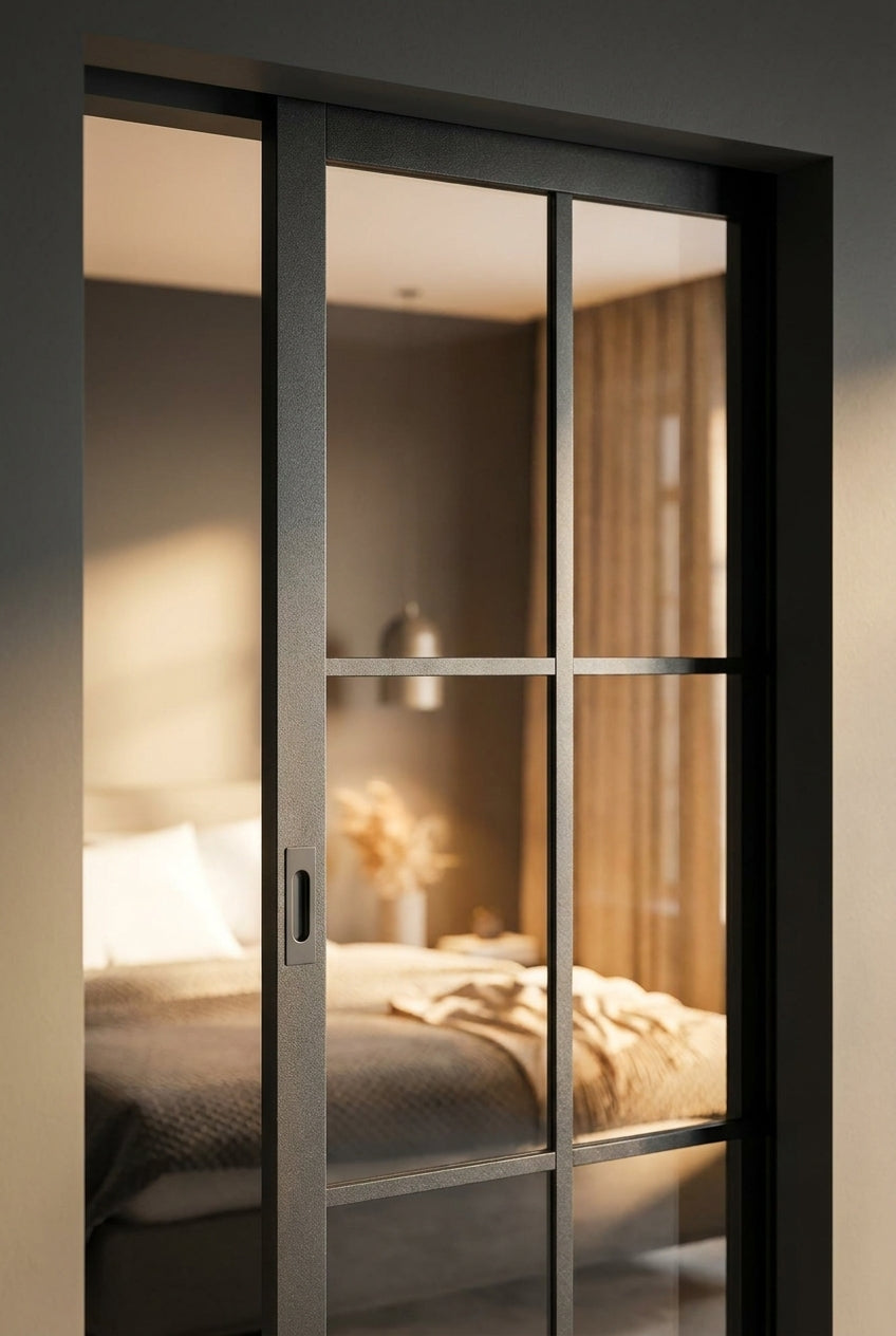 Internal Pocket Door Set 6 Light Clear Glass Fully Finished Black 100mm - detail view