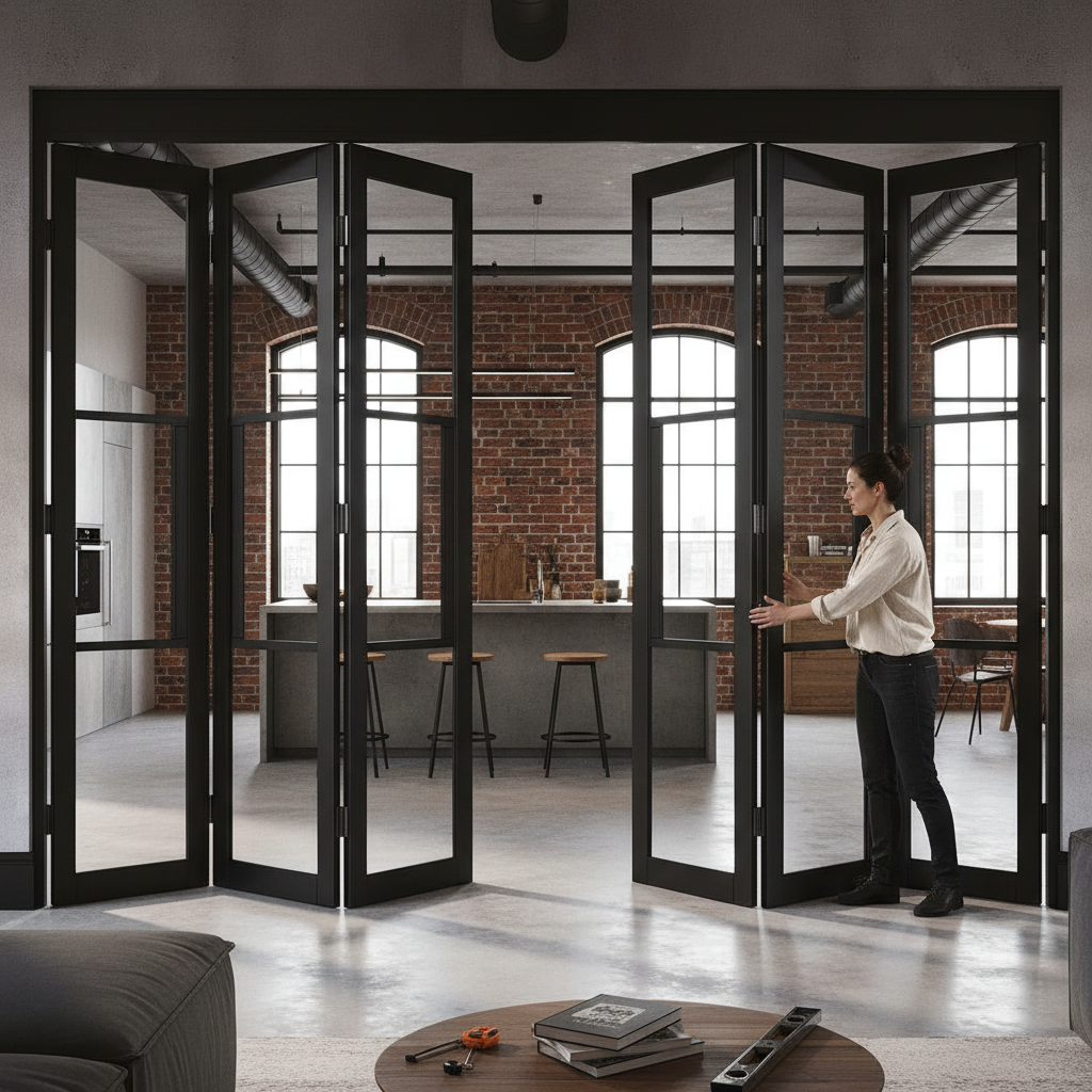 Premium Industrial Style Folding Doors with Clear Glass Panels - 6 Leaf Configuration for Modern Spaces