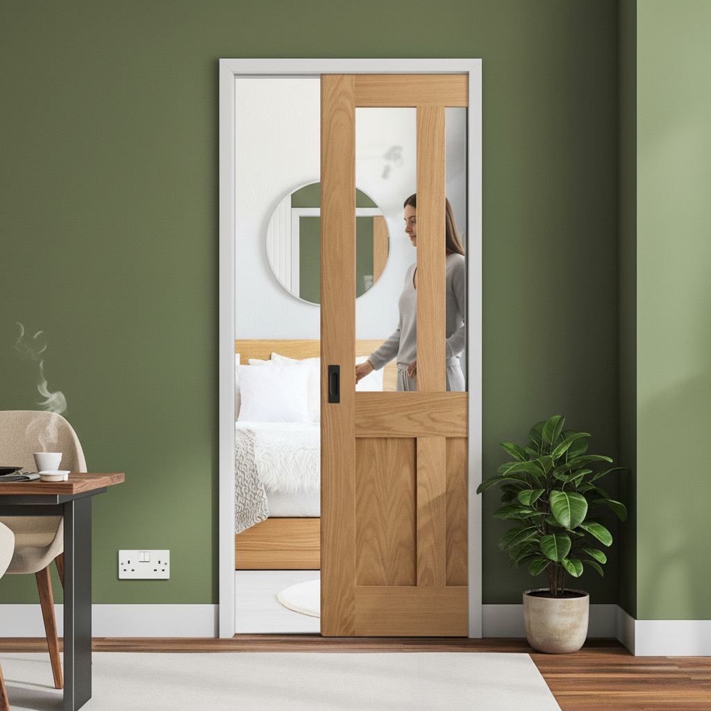 Premium Oak Unfinished Victorian Shaker 2 Panel Pocket Door Set with Clear Glass for Elegant Room Separation