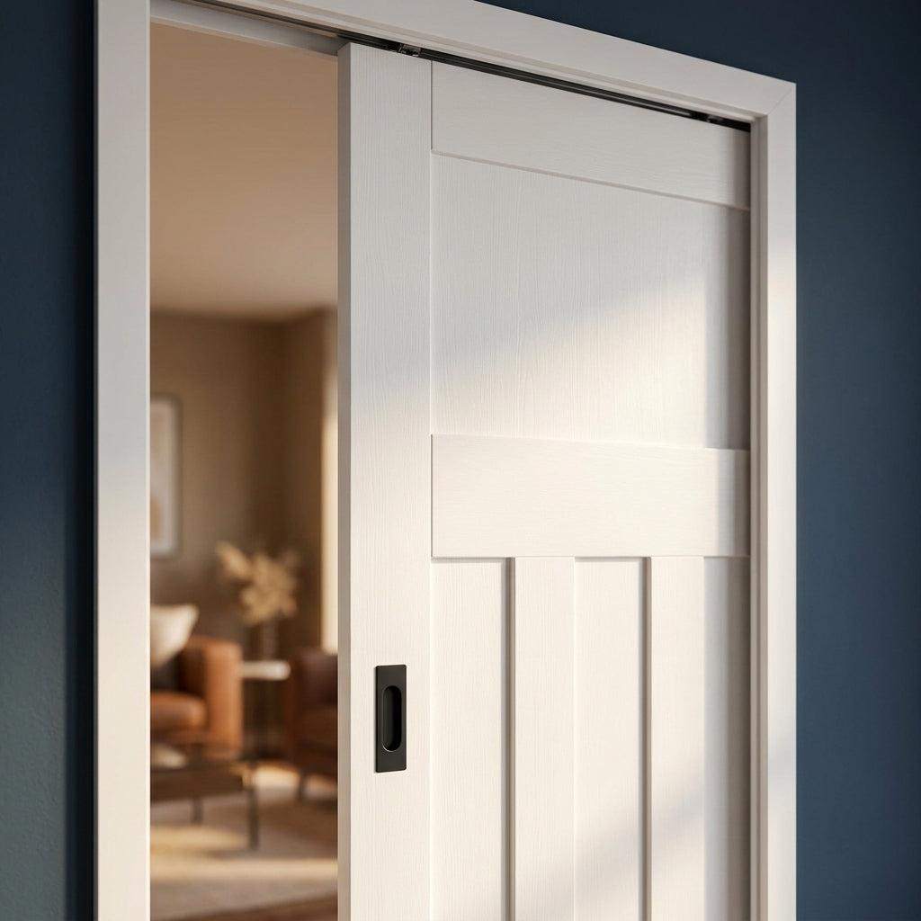 Internal Pocket Door Set, White Primed, 1930's Style, 100mm, Solid Core - detail view