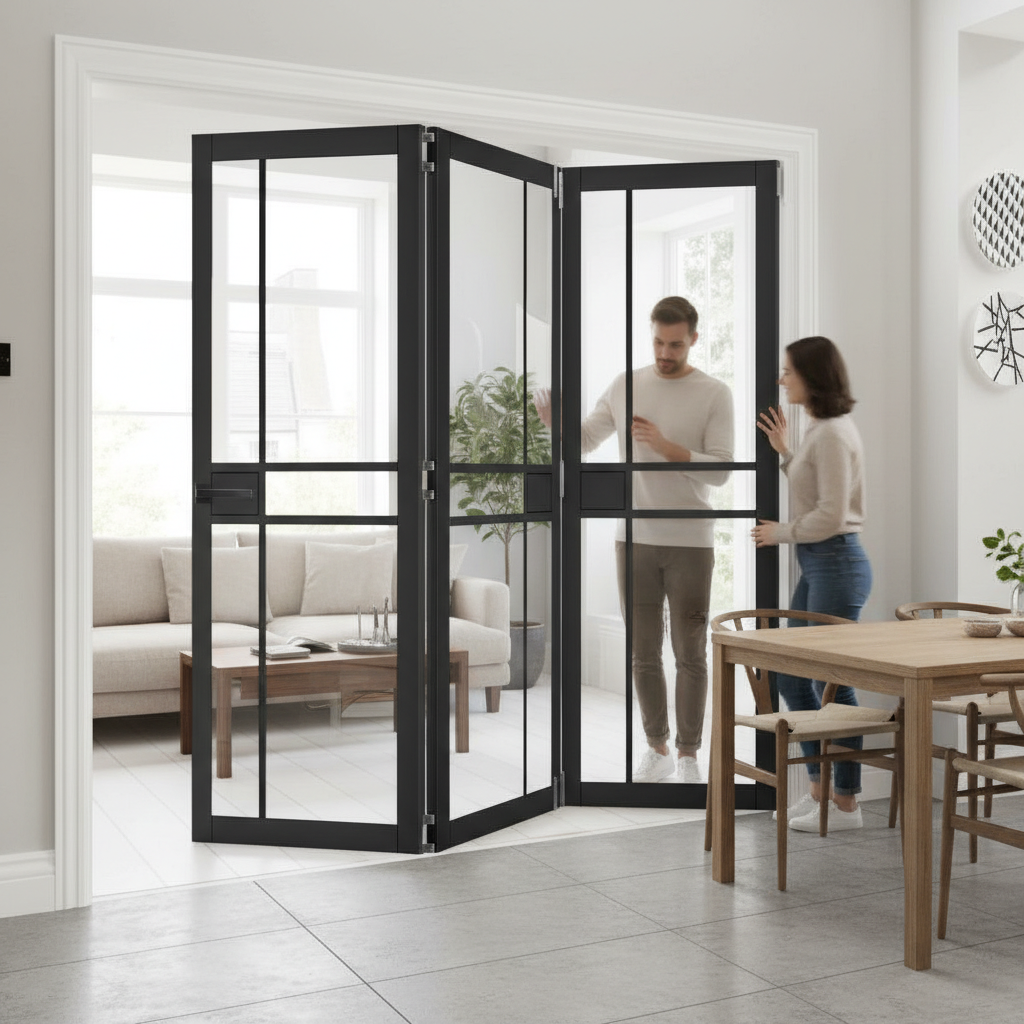 Professional Clear Glazed Industrial Style Room Divider with Bi-Folding Doors and Adjustable Height Mechanism