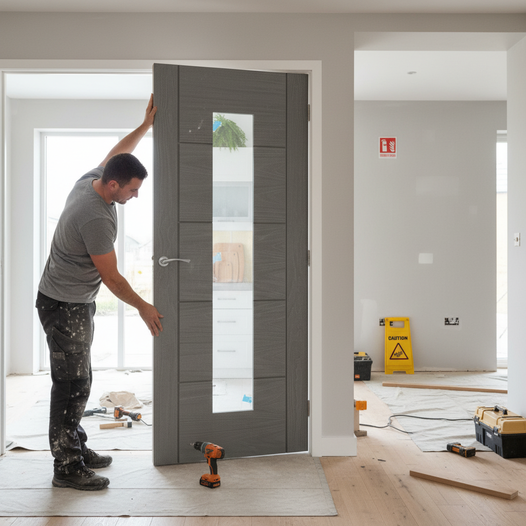 Premium Internal Fully Finished Clear Glass Door with Ash Grey Frame and Toughened Safety Glass for Modern Interiors