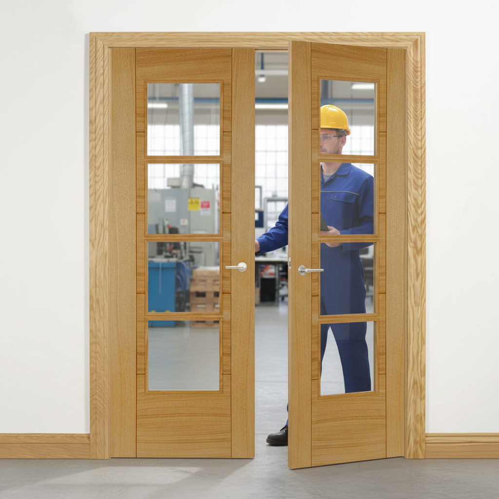 Premium Contemporary Oak Internal Door Pair with Fully Glazed Safety Glass and Engineered Construction for Modern Interiors
