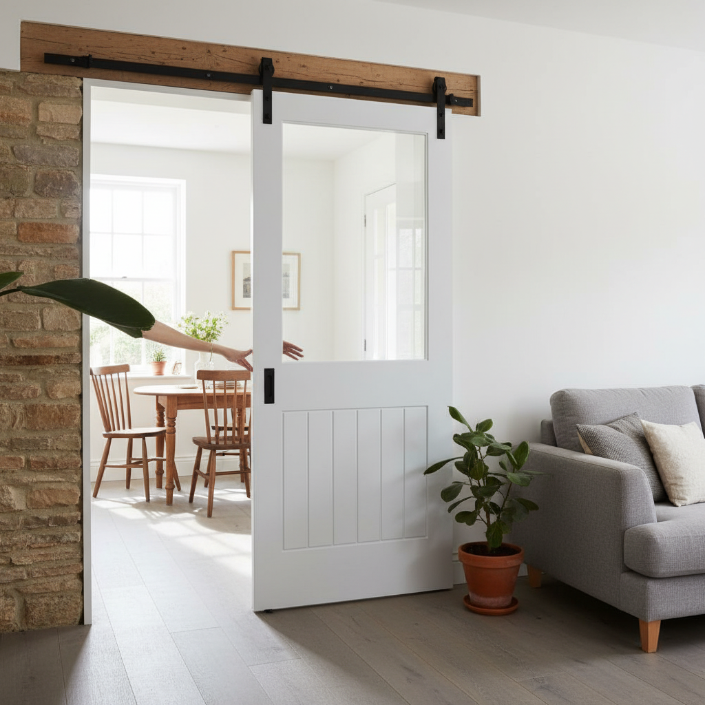 Premium Internal Cottage Sliding Door 1 Panel Clear Glass with Black Top Mounted Track
