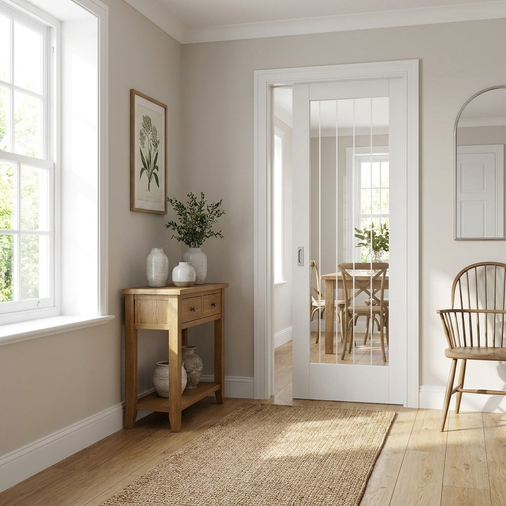 Internal Cottage 1 Light Pocket Door Set with Obscured Glazing, White Primed