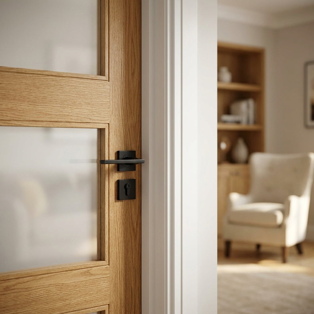 Made-to-Measure Oak Internal Shaker Door Unfinished with 4 Light Obscure Glass - detail view