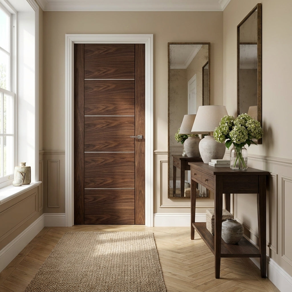 Internal 5 Panel Walnut Door, Fully Finished, Solid Engineered Core