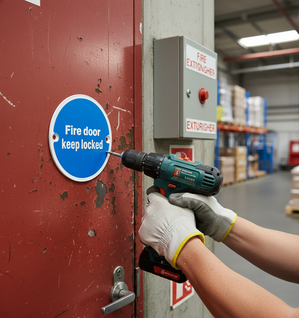 Premium Fire Door Locked Symbol in Satin or Bright Stainless Steel Finish with Screws and 10 Year Guarantee