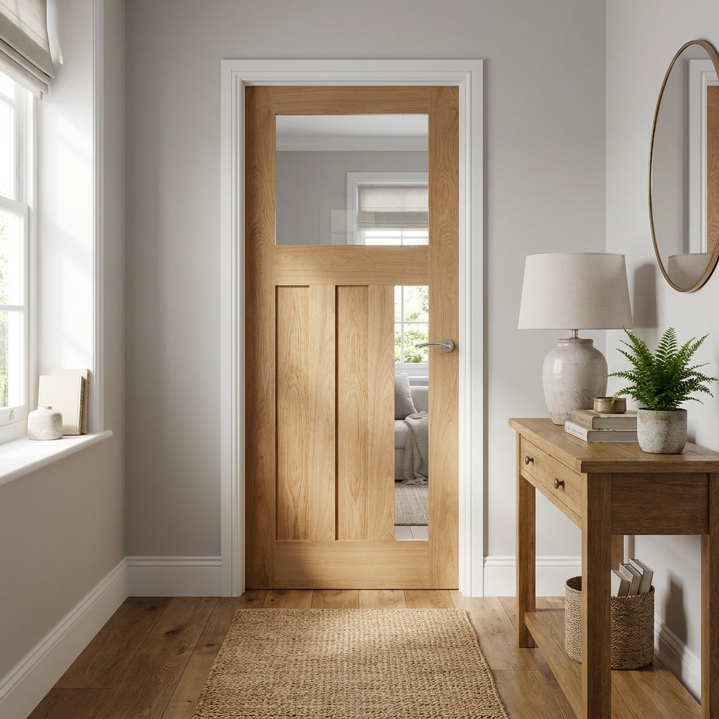 Internal Oak Door Unfinished 1930's DX 3 Panel with 1 Light Clear Glass