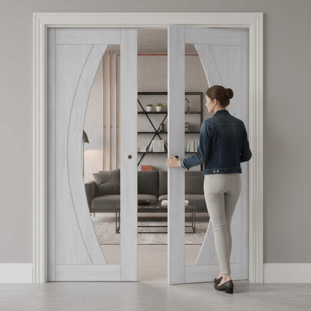 Premium Clear Glazed Double Pocket Door Set with Ash Veneer and Galvanised Steel Frame