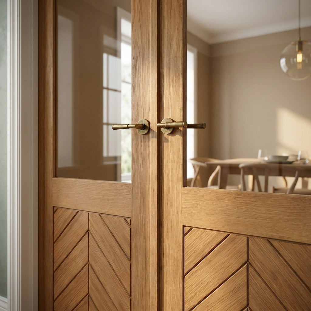 Internal Oak Double Door Fully Finished with Clear Glass Chevron Design - detail view