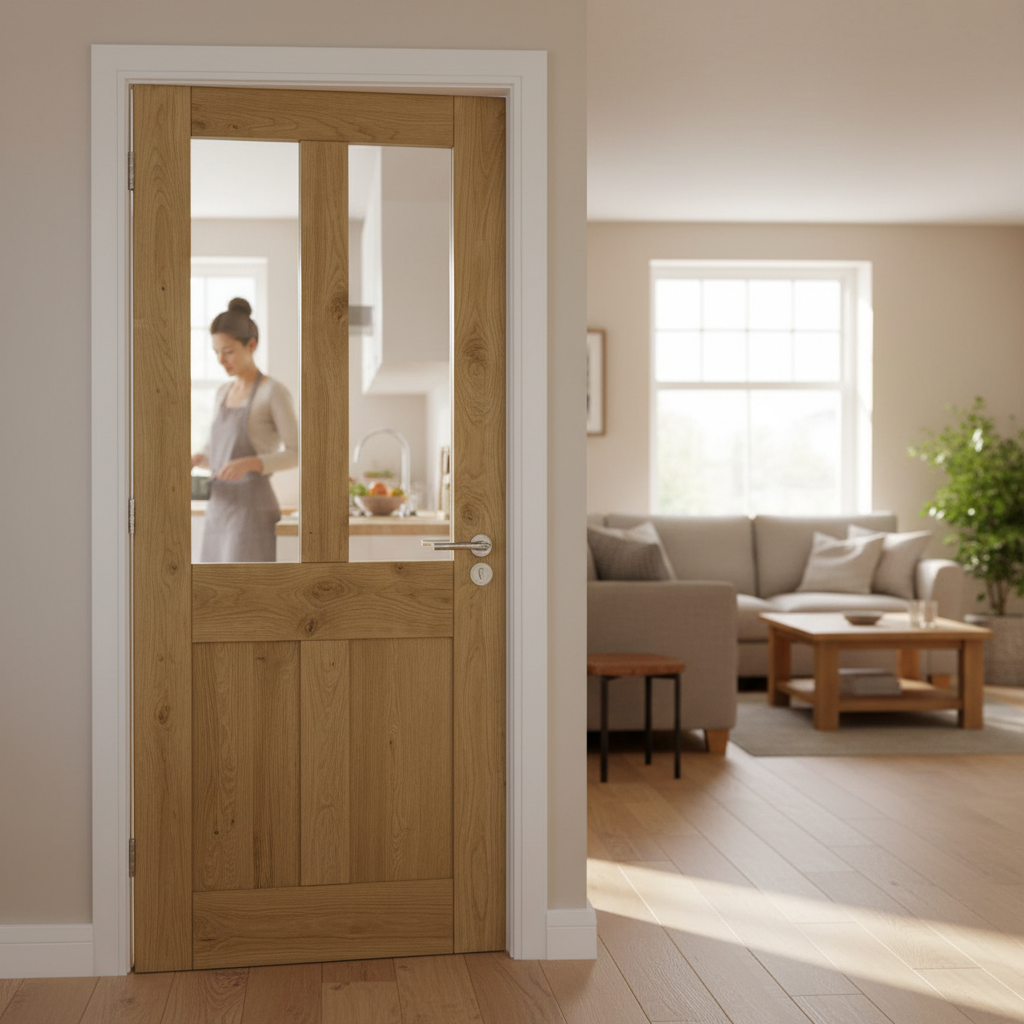 Premium Rustic Oak Shaker Glazed Internal Door with Solid Core and Clear Safety Glass Panels