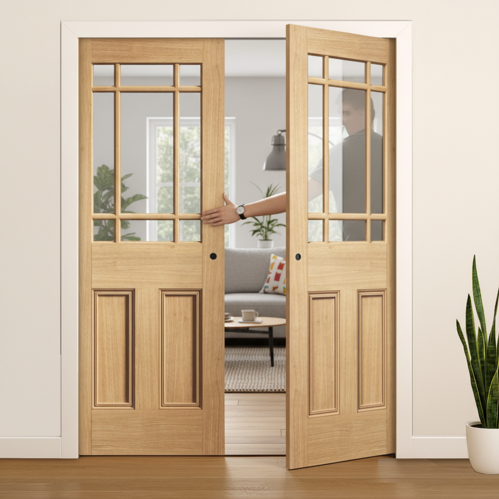 Premium Clear Glazed Double Pocket Door Set with Galvanised Steel Frame, Adjustable Jambs, and 15-Year Guarantee for Timeless Elegance