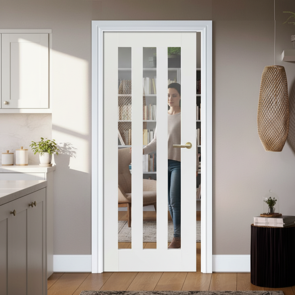 Premium 3L Glazed Internal Door - White Primed, Solid Engineered Construction with Clear Glass Panels