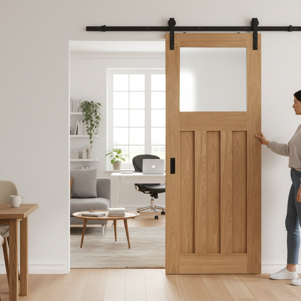 Premium Unfinished Oak 1930's Style DX 3 Panel 1 Light Sliding Door with Obscure Glass and Durable Hardware - Image 2