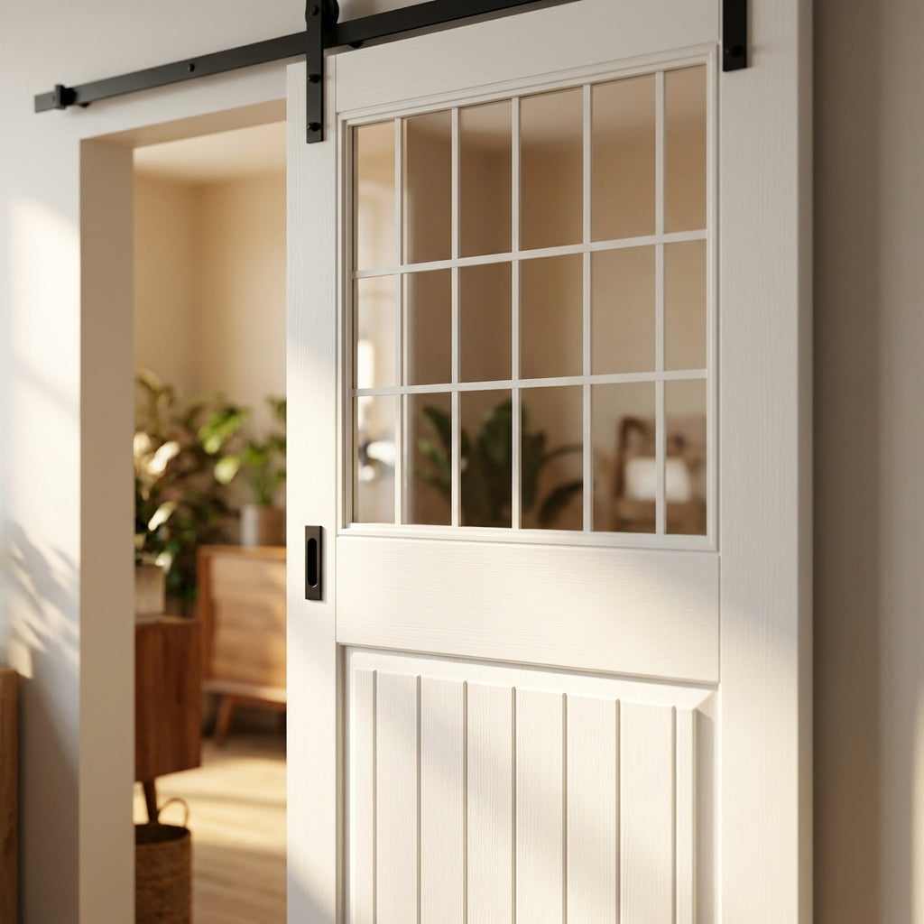Internal White Cottage Sliding Door with 1 Light Etched Clear Glass Finish - detail view