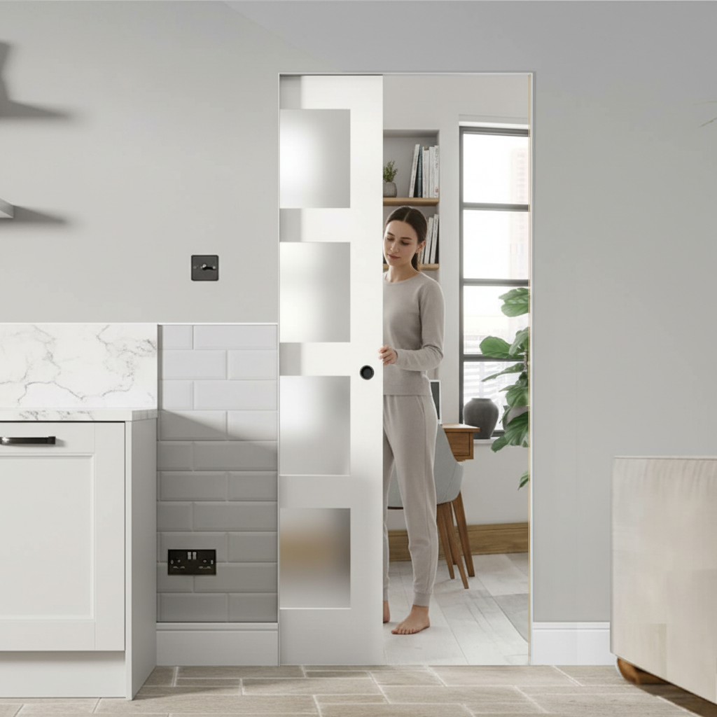 Premium White Obscure Glazed Flush Pocket Door Set with No Bottom Track and Space-Saving Design for Modern Interiors