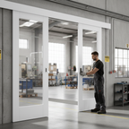 Premium Double Sliding Door System with Clear Glazed Panels and White Pelmet for Stylish Interior Spaces