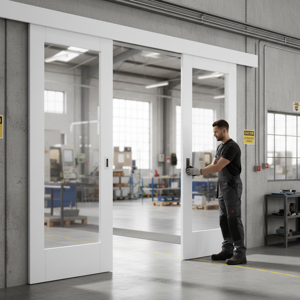 Premium Double Sliding Door System with Clear Glazed Panels and White Pelmet for Stylish Interior Spaces