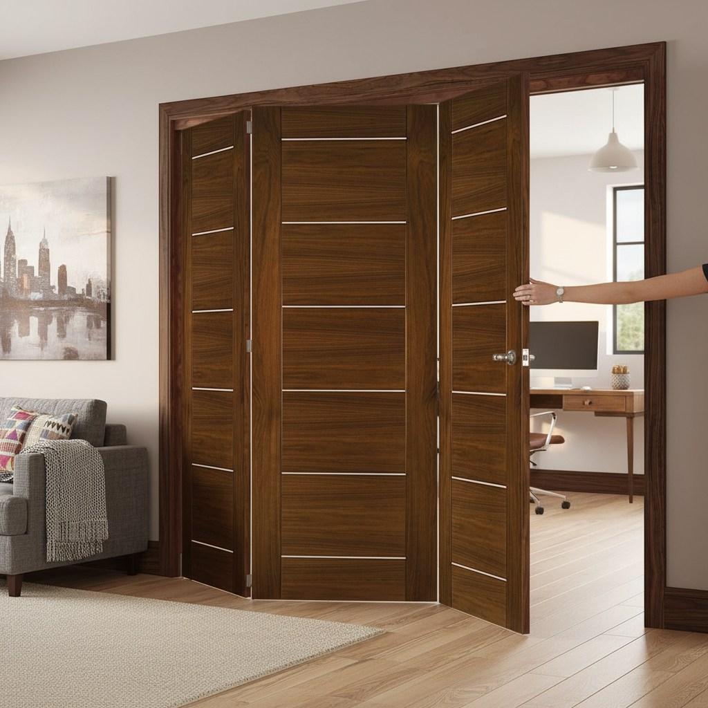 Premium High-Performance Walnut Room Divider with Bi-Folding Doors and Top Hung System for Flexible Space Management