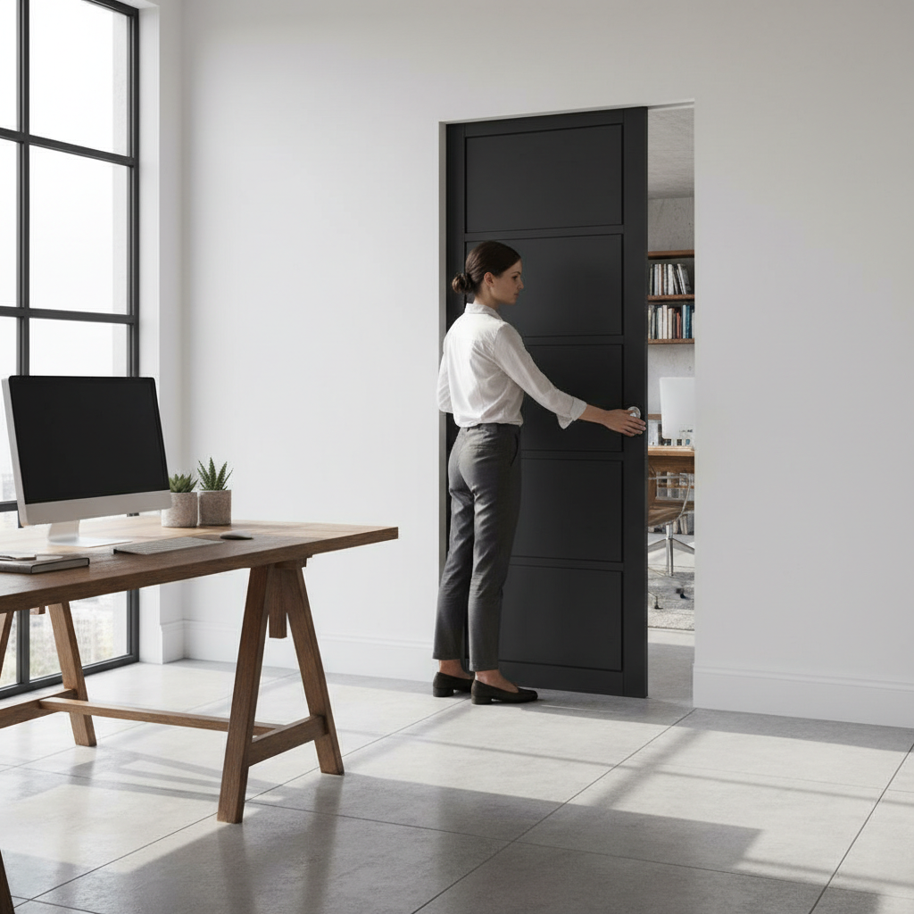Premium 5-Panel Flush Pocket Door Set - Space-Saving Design with No Architrave Required and Top-Hung Track System