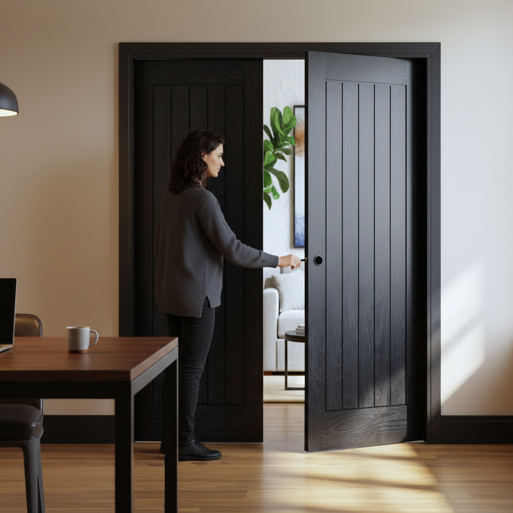Premium Brushed Black Double Pocket Doors System with Adjustable Frame and Maintenance-Free Track for Modern Spaces