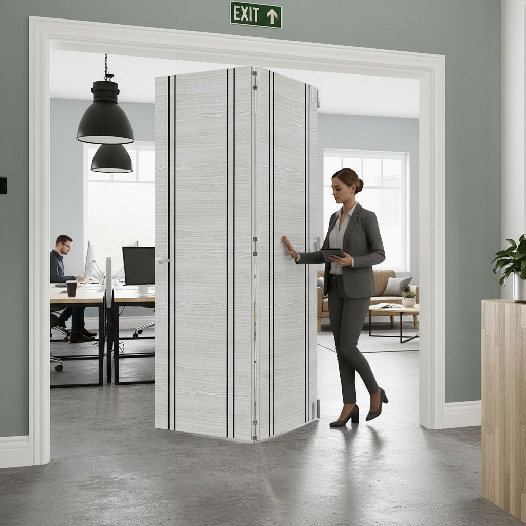 Premium Light Grey Ash Vertical Inlay Room Divider with Bifolding Doors and Top Hung System for Seamless Spaces