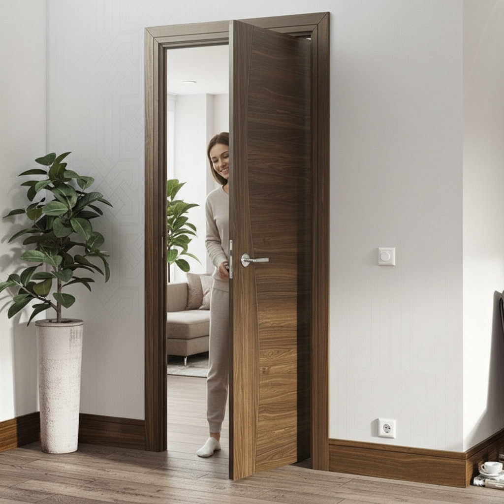 Premium Prefinished Walnut Internal Door with Solid Inlay and Curve Design - High-Quality Professional Grade for Industrial and Commercial Applicat...
