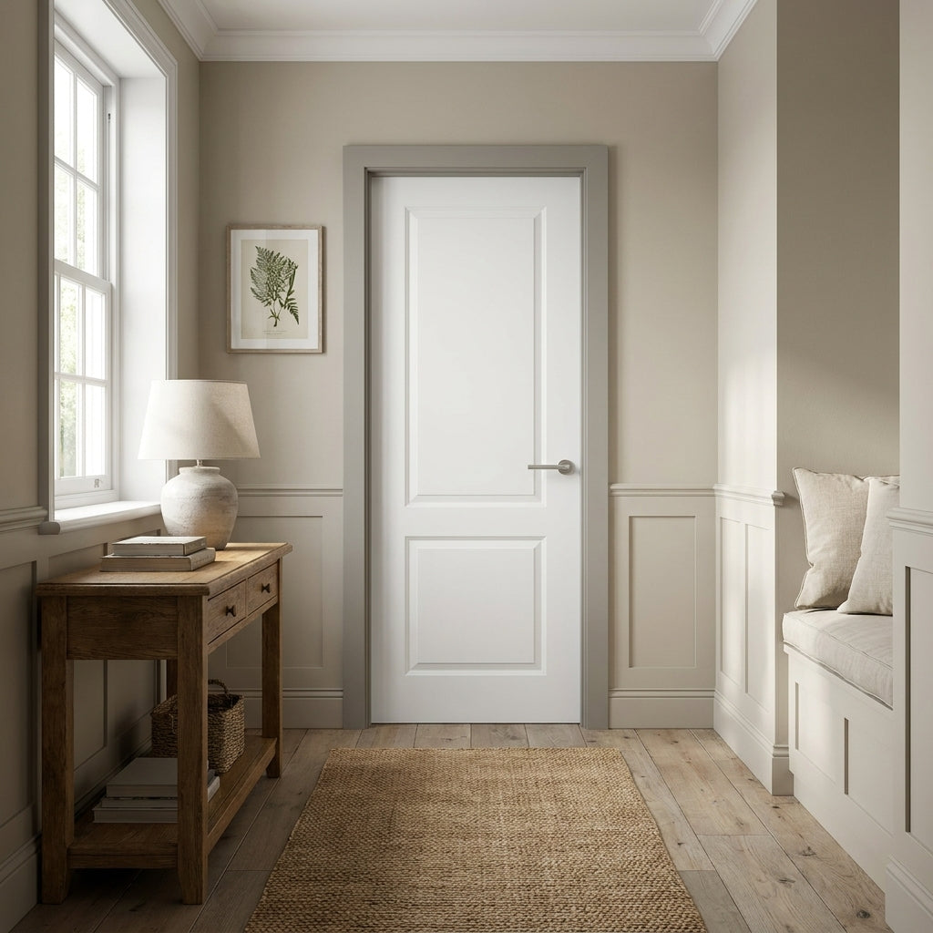 FD30 Fire Door, White Internal, Smooth Moulded Caprice 2 Panel, Primed Finish