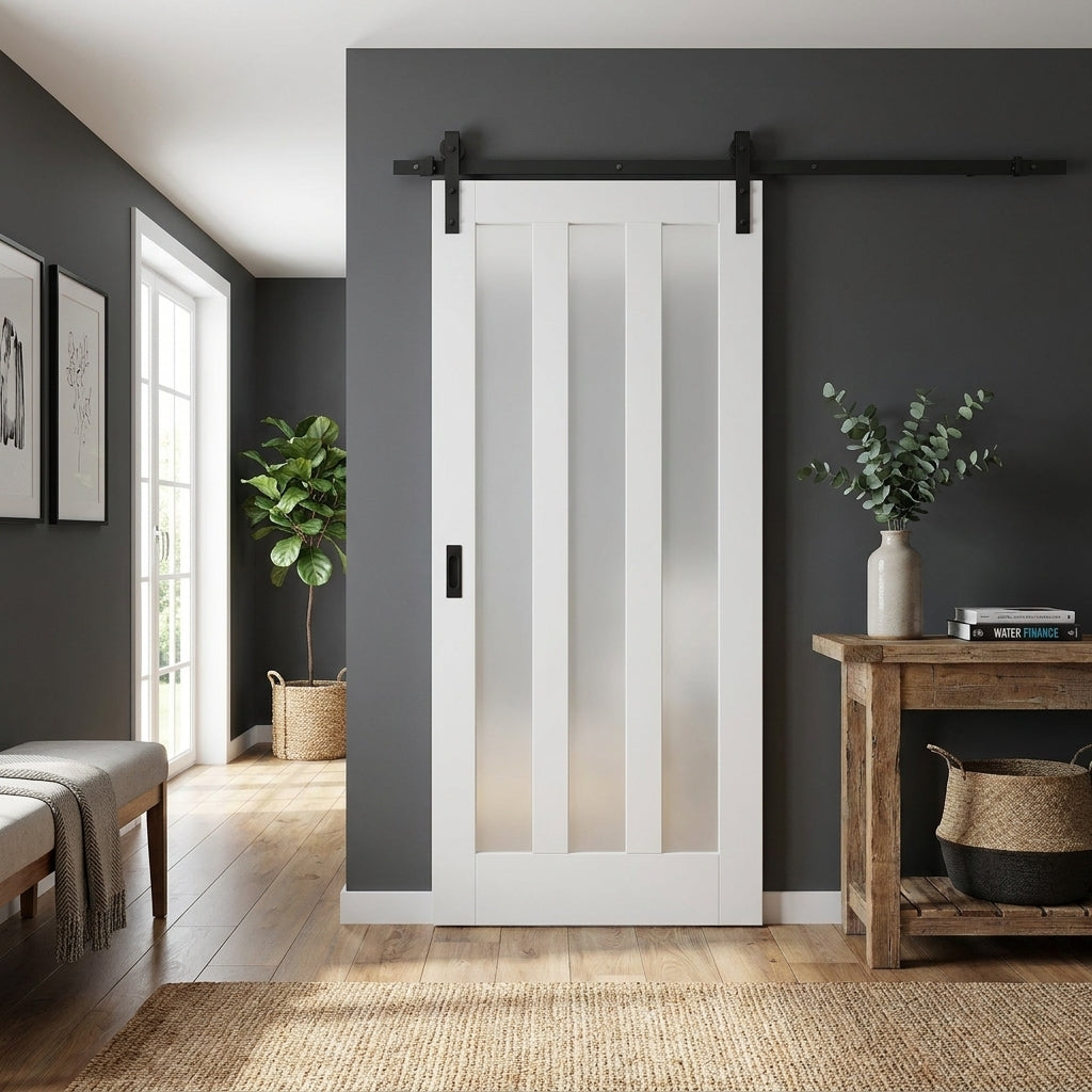 Internal White Sliding Door with 3 Light Obscure Glass, Primed Finish