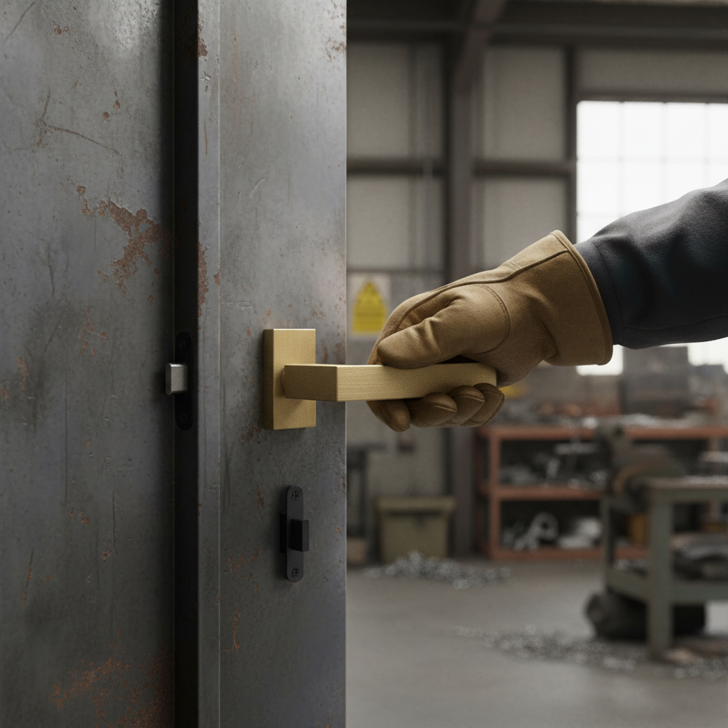 Premium Industrial Square Lever Door Handle Set in Satin Brass with Magnetic Device for Modern Doors