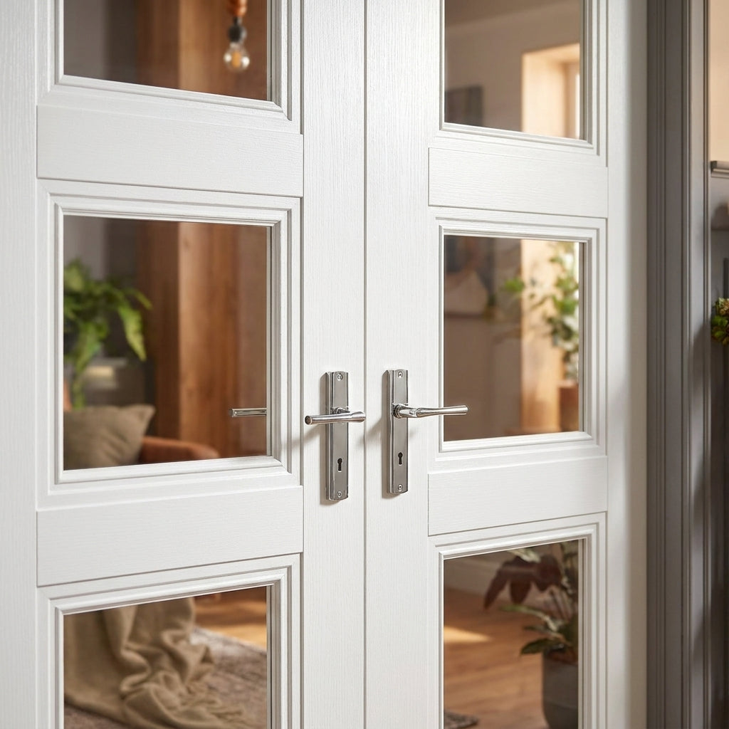 Internal French Door with Clear Glass, White Primed, Solid Engineered Core, 3 Light - detail view