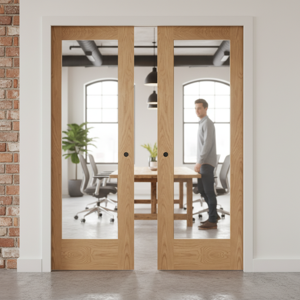 Premium Clear Glazed Double Pocket Door Set with Oak Frame for Elegant Space Transformation
