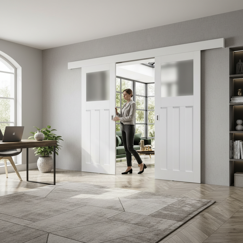 Premium Double Sliding Door System with Obscure Glazing and Track Mechanisms for Internal Use