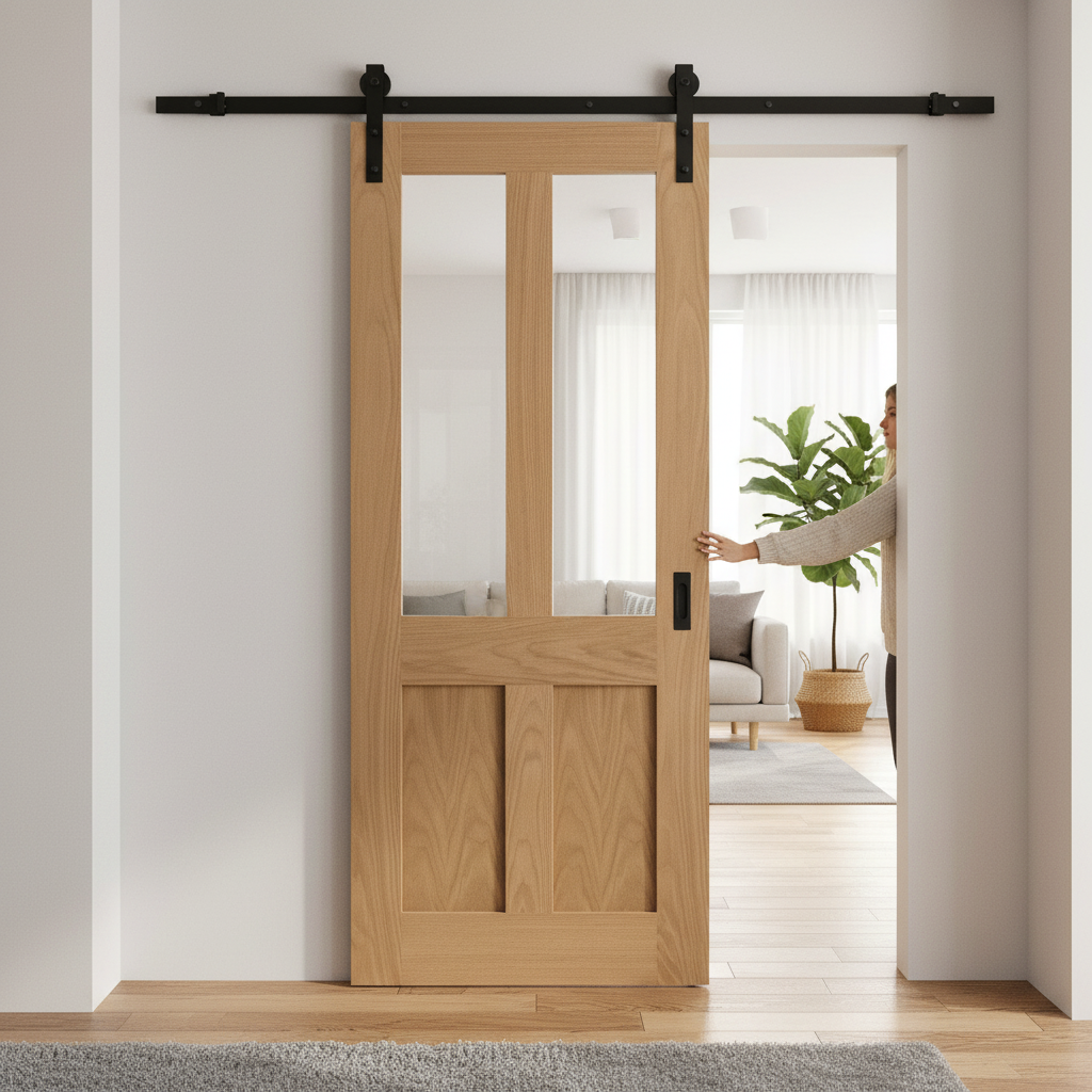Premium Internal Unfinished Victorian Shaker 2 Panel Sliding Door with Clear Glass and Reliable Sliding Mechanism