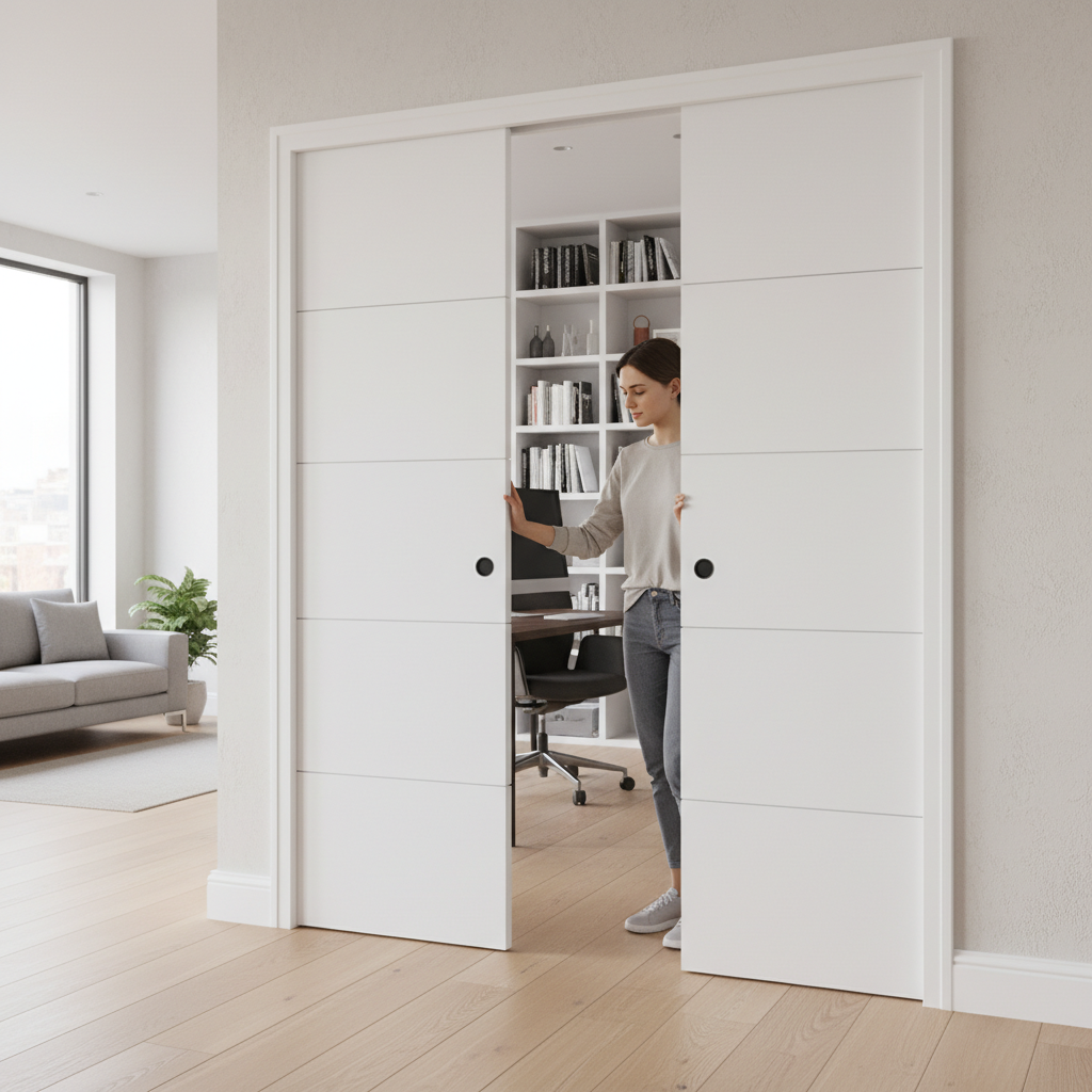 Premium 5 Panel Double Pocket Door Set with Adjustable Jambs and Galvanized Steel Frame for Modern Interiors