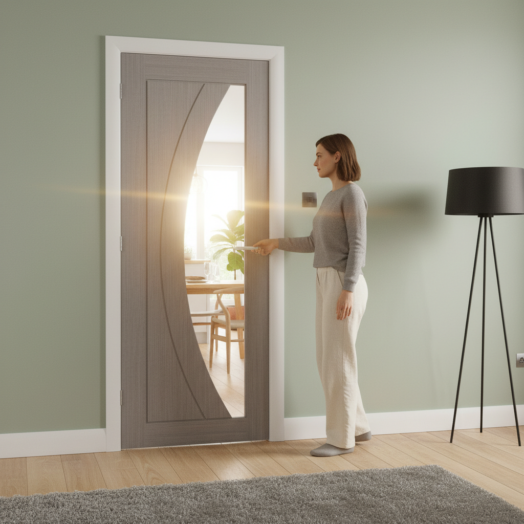 Premium Light Grey Internal Door with Curved Clear Glass Panel and Solid Core Construction