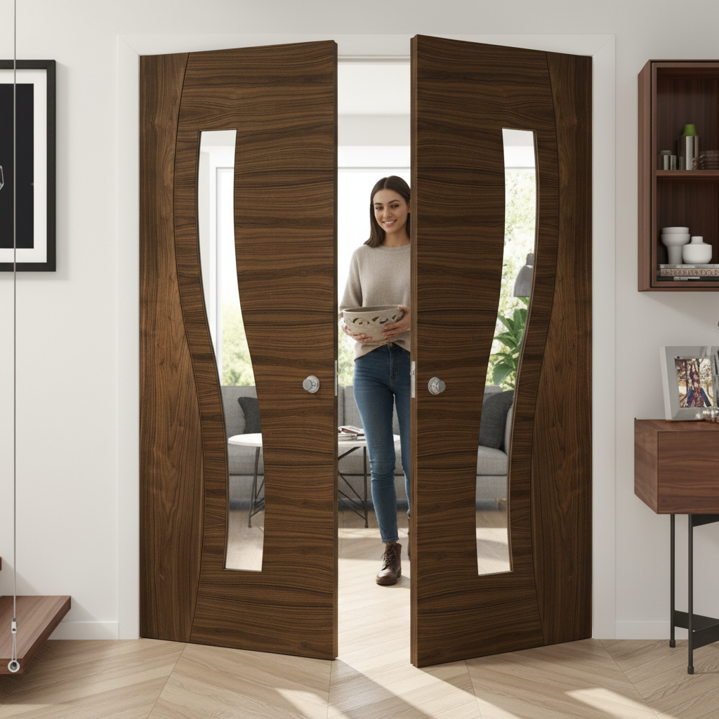 Premium Clear Glazed Door Pair with Curved Grooves and Tempered Glass, Handcrafted in Crown Cut American Black Walnut