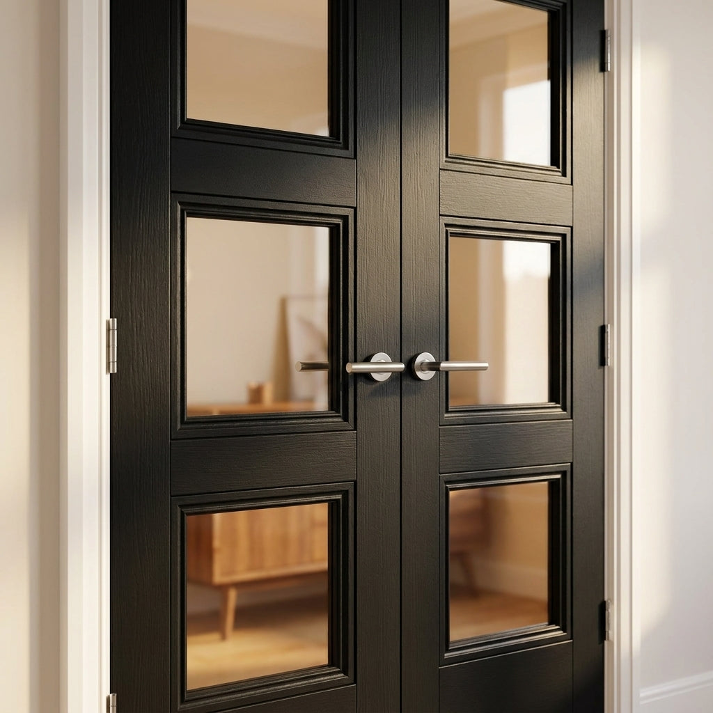 Internal French Door with 3 Light Clear Glass, Black Primed, Solid Core - detail view