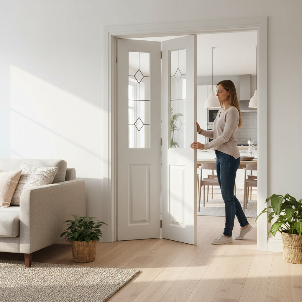 Premium Moulded Flush Bifold Door with Etched Safety Glass, White Primed for Easy Finishing