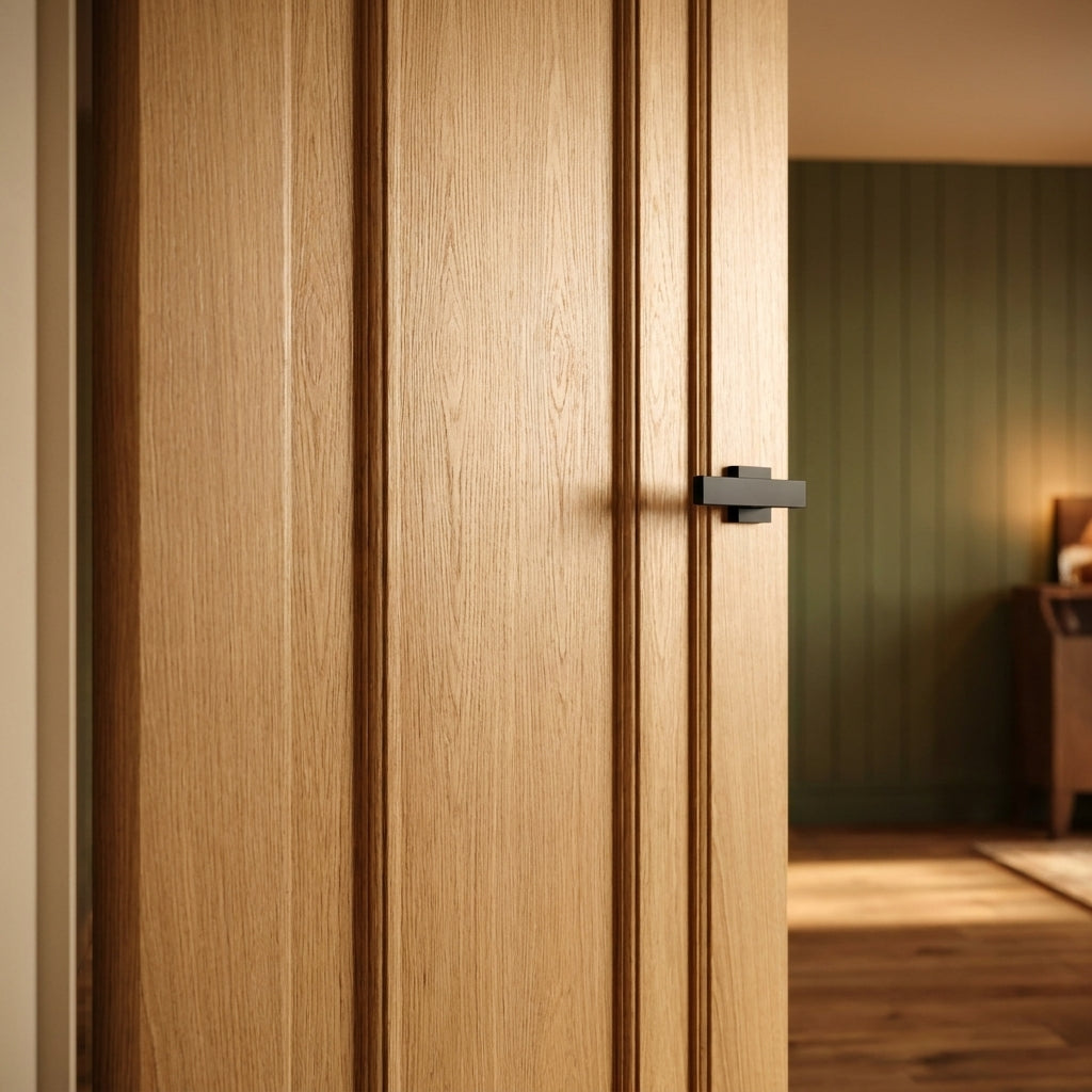 FD30 Fire Door Oak Internal Unfinished 3 Panel Solid Core - detail view
