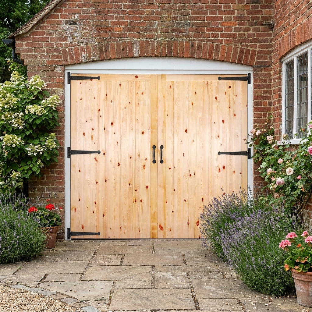 External Solid Framed Unfinished Redwood Ledged and Braced Garage Door and Frame Set