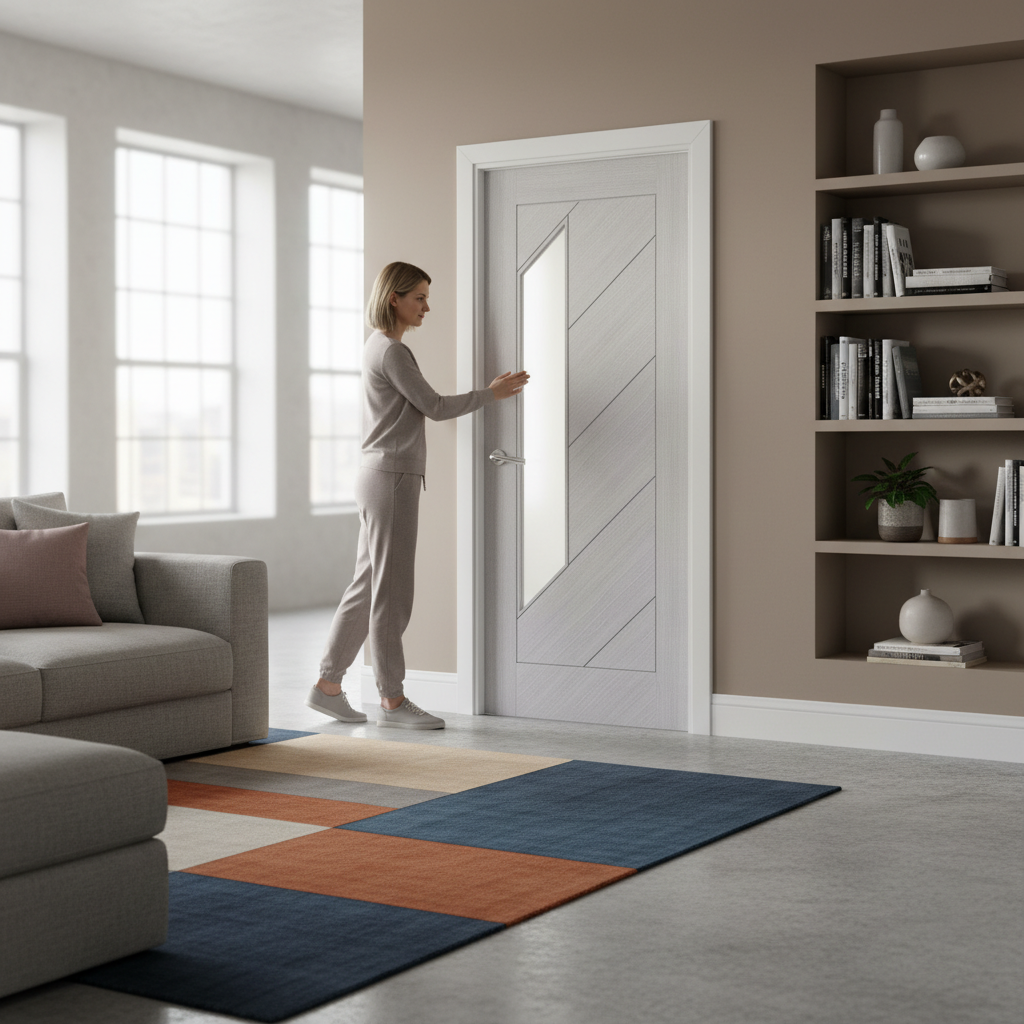Premium Light Grey Ash Glazed Fire Door with Solid Core, FD30 Rating, and Custom Size Options for Modern Interiors