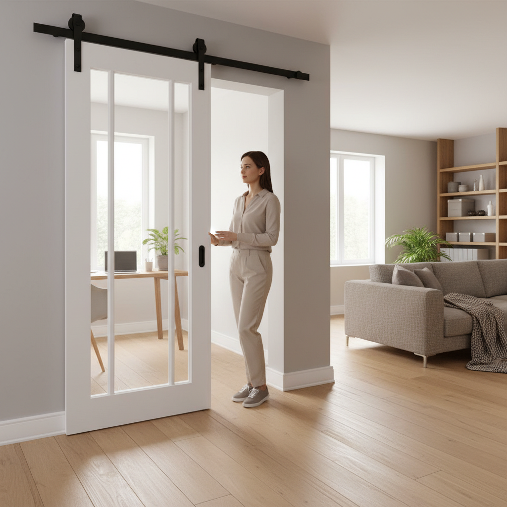 Professional Clear Glazed Face Mounted Sliding Door Set for Wooden Doors up to 100kg with Rustic Steel Finish Options