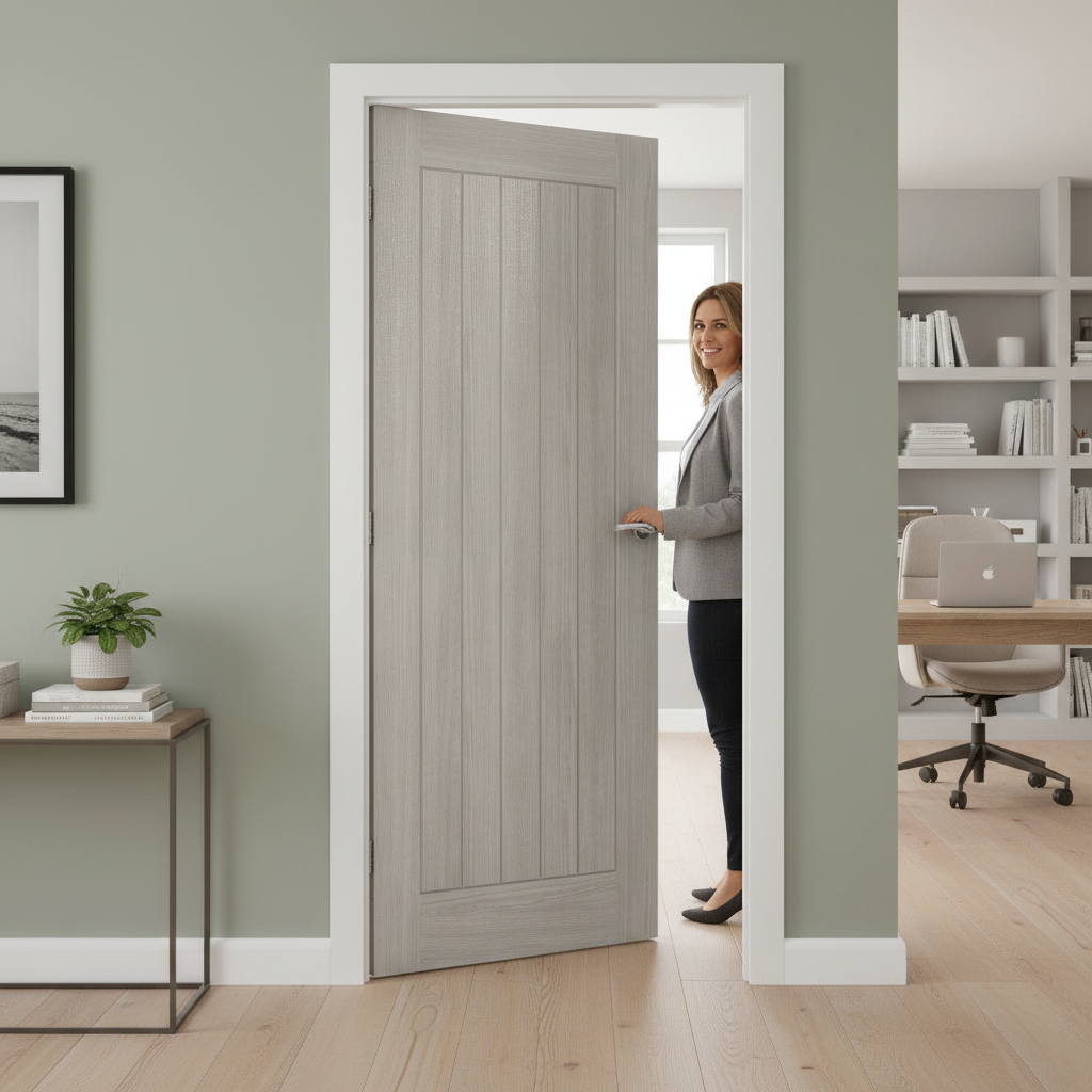 Premium Grey Laminate Internal Door with Etched Glass Panel and Semi-Solid Core Construction