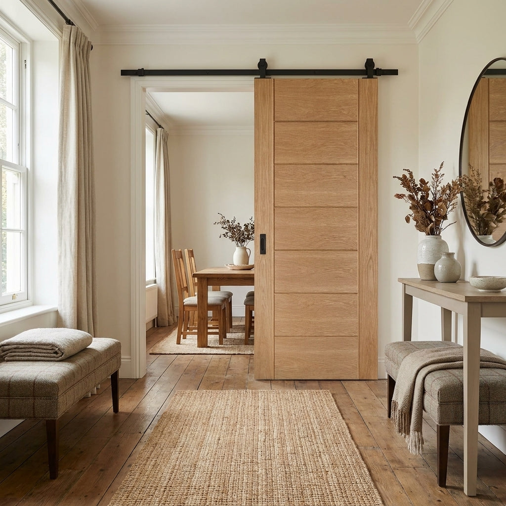 Internal Oak Sliding Door, Fully Finished, Black Top Mounted, Engineered Core