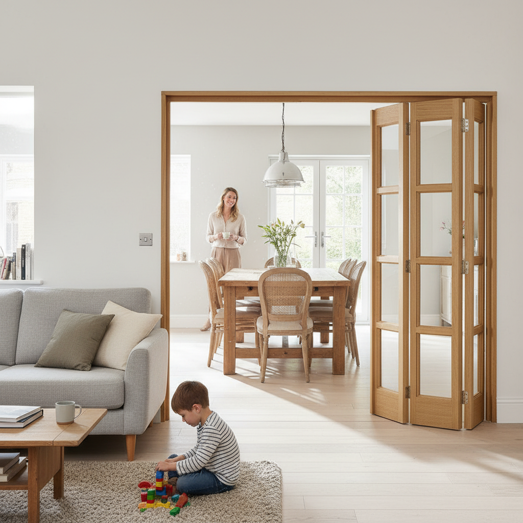 Premium 3 Leaf Bi-Folding Door Set with Clear Glazing and Polished Chrome Hardware for Space Optimization