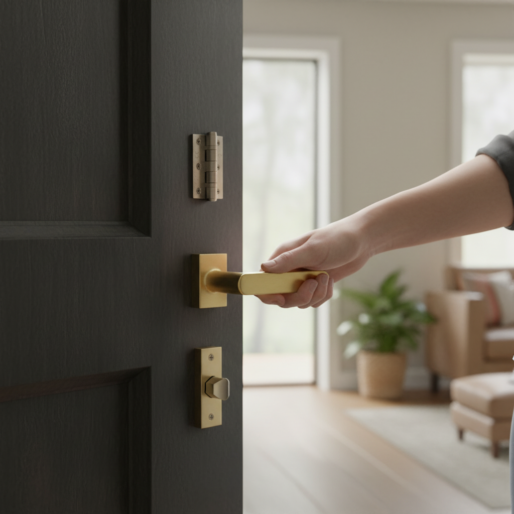 Premium Satin Brass Square Rose Handle Set with Slim Lever Handles, Latch, and Ball Bearing Hinges - Image 2